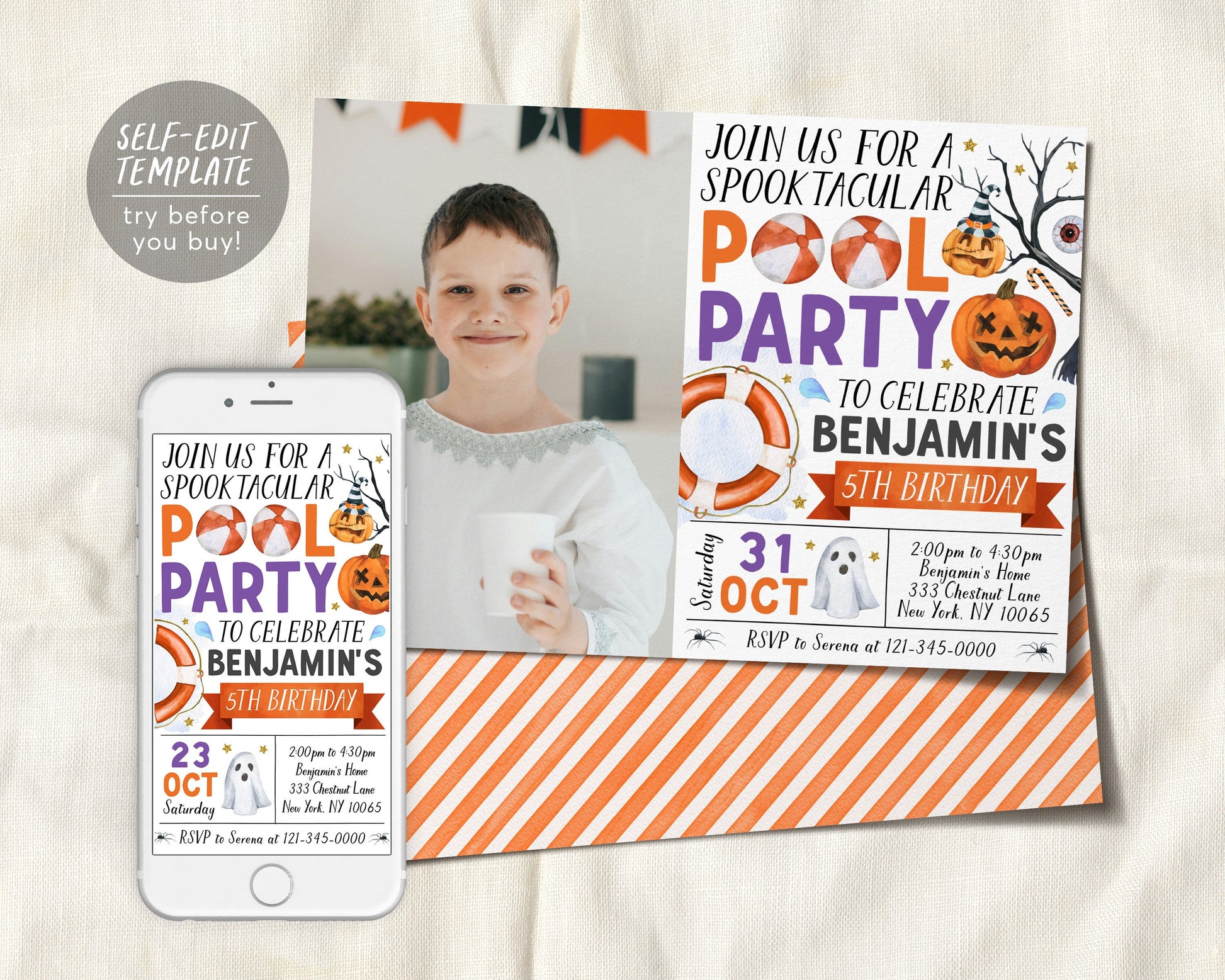 Halloween Pool Party Invitation With Photo Editable Template