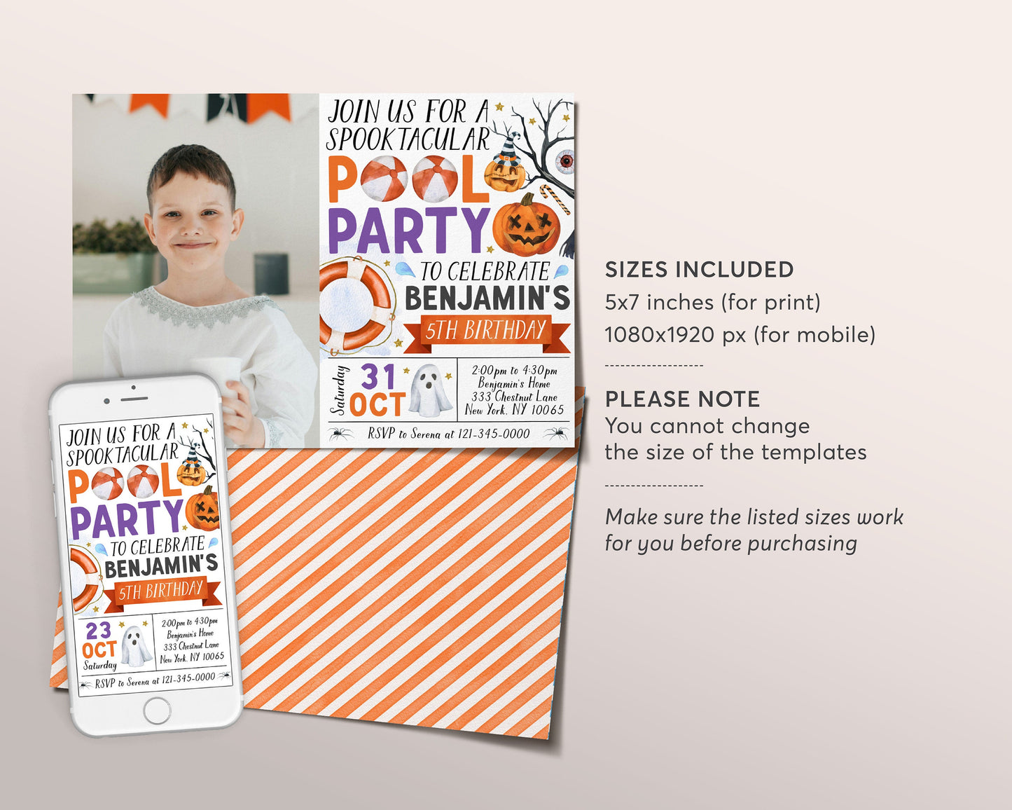 Halloween Pool Party Invitation With Photo Editable Template, Unisex Ghost Birthday Party Invite, Kids Spooktacular Halloween Swimming Evite