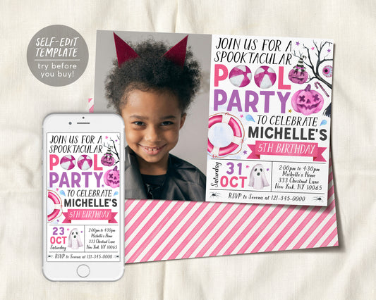 Halloween Pool Party Invitation With Photo Editable Template