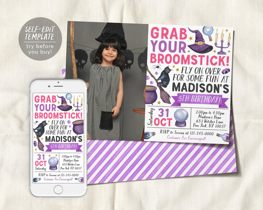 Witch Birthday Invitation With Photo Editable Template