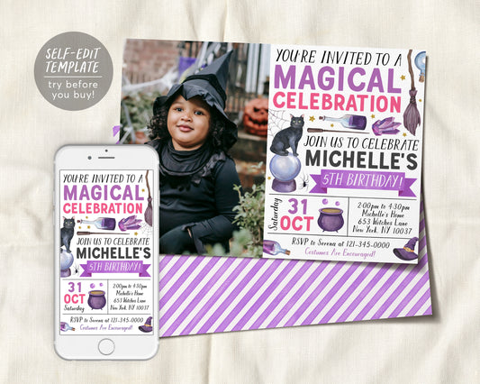 Magical Witch Birthday Invitation With Photo Editable Template