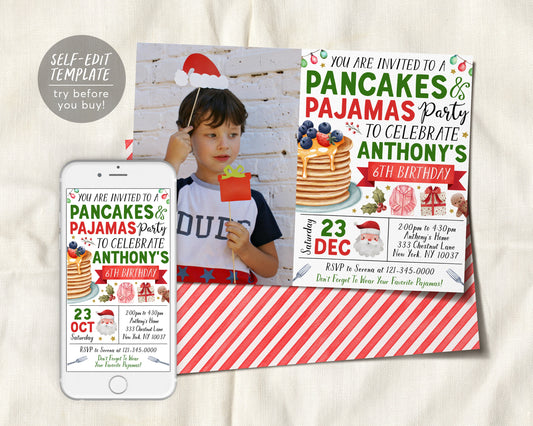 Christmas Pancakes and Pajamas Birthday Invitation With Photo Editable Template