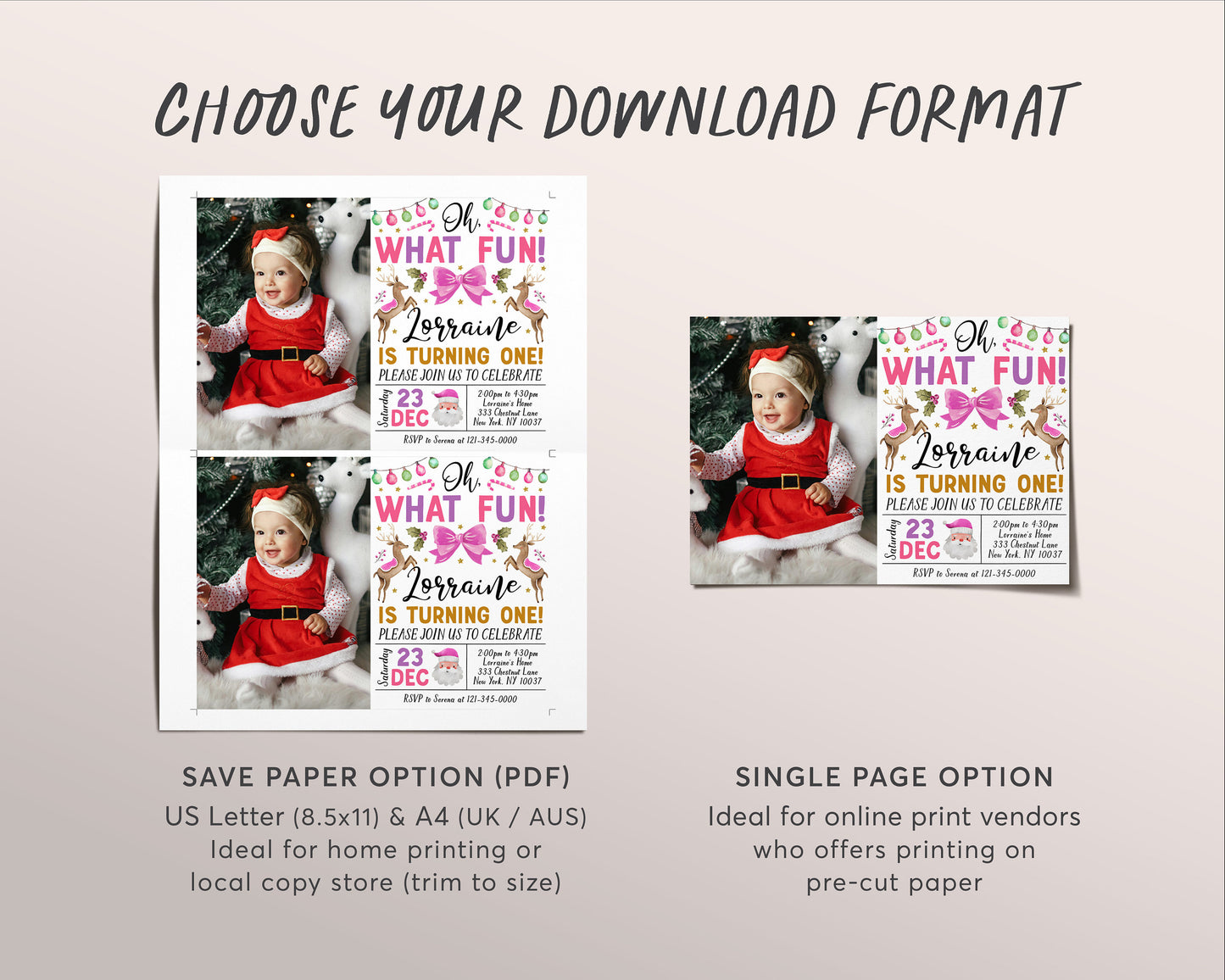 Christmas Birthday Invitation With Photo Editable Template, Oh What Fun First 1st Birthday Party Invite, Girl Festive Holiday Santa Evite