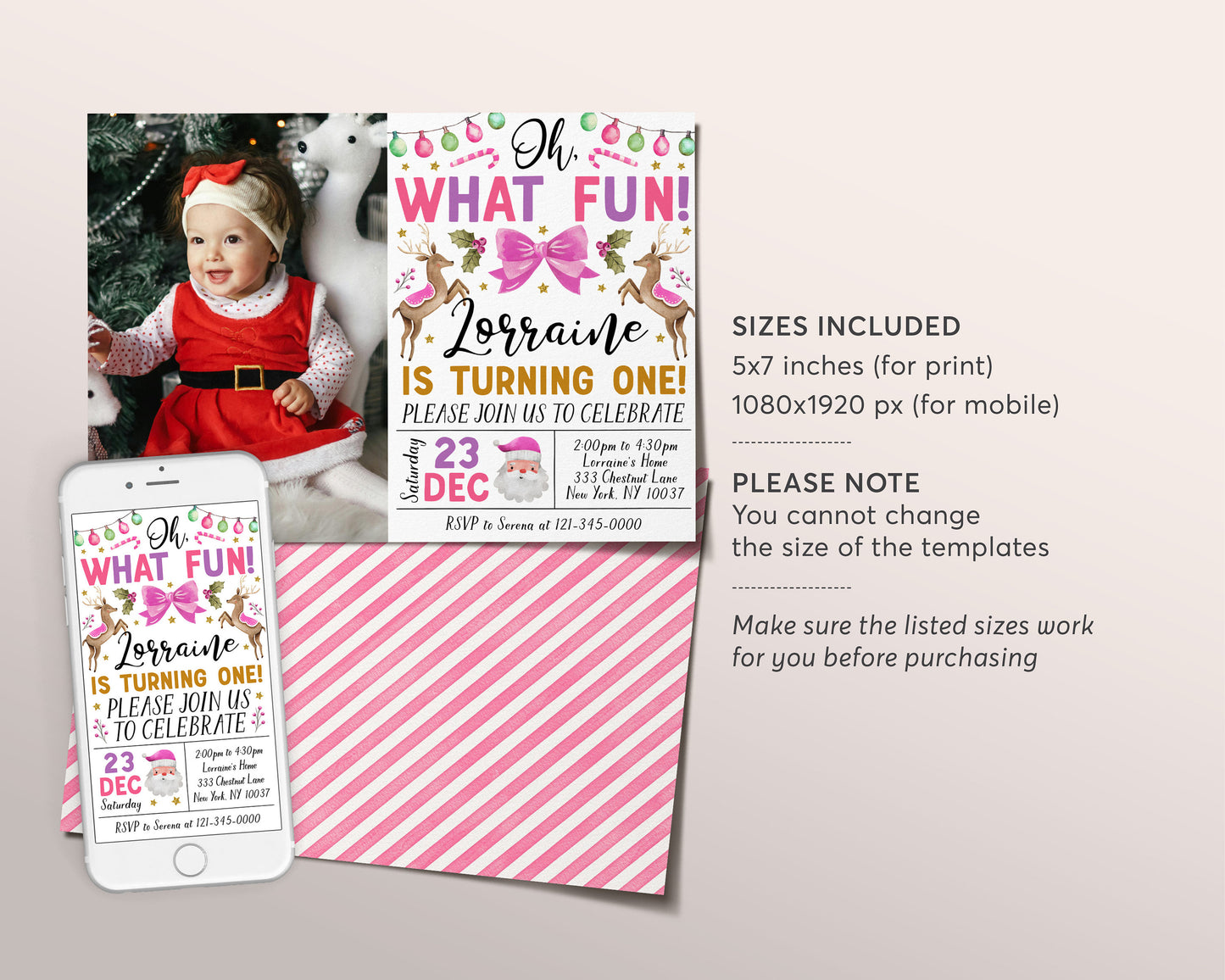 Christmas Birthday Invitation With Photo Editable Template, Oh What Fun First 1st Birthday Party Invite, Girl Festive Holiday Santa Evite