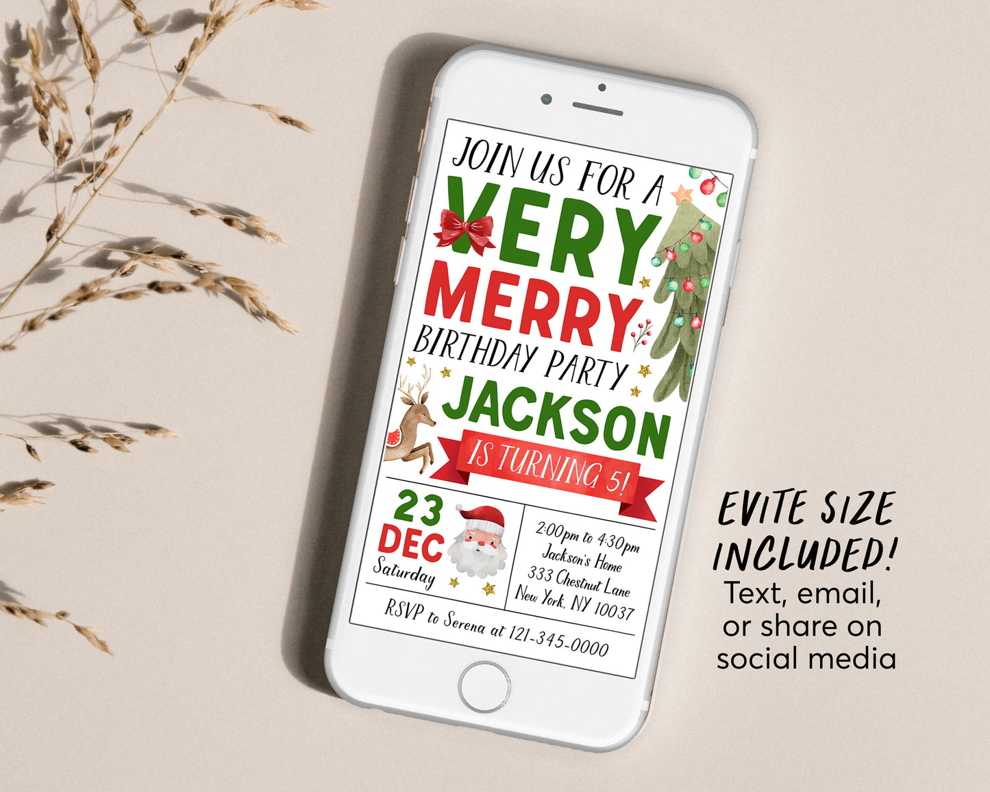 Christmas Very Merry Birthday Invitation With Photo Editable Template, Santa Holiday Winter Party Invite, Kids Unisex Festive Holiday Evite