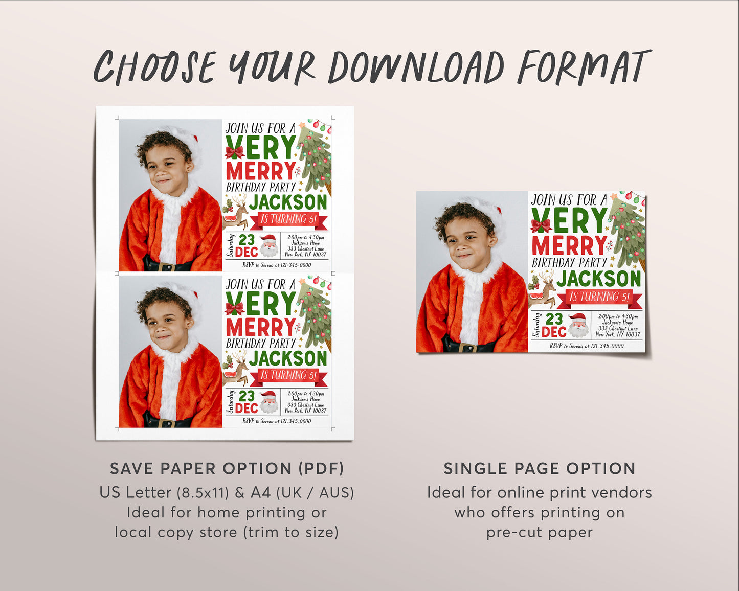 Christmas Very Merry Birthday Invitation With Photo Editable Template, Santa Holiday Winter Party Invite, Kids Unisex Festive Holiday Evite