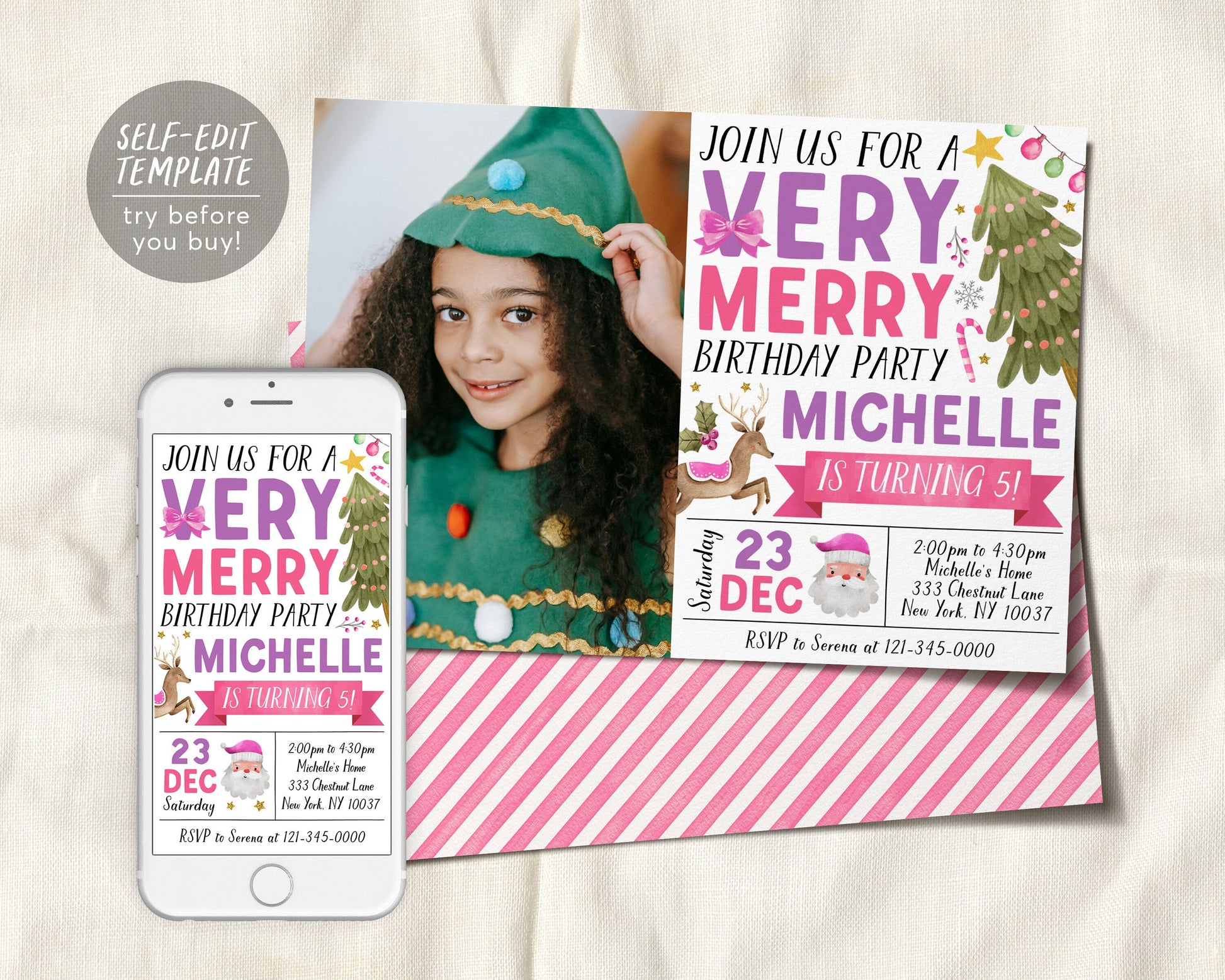 Christmas Very Merry Birthday Invitation With Photo Editable Template