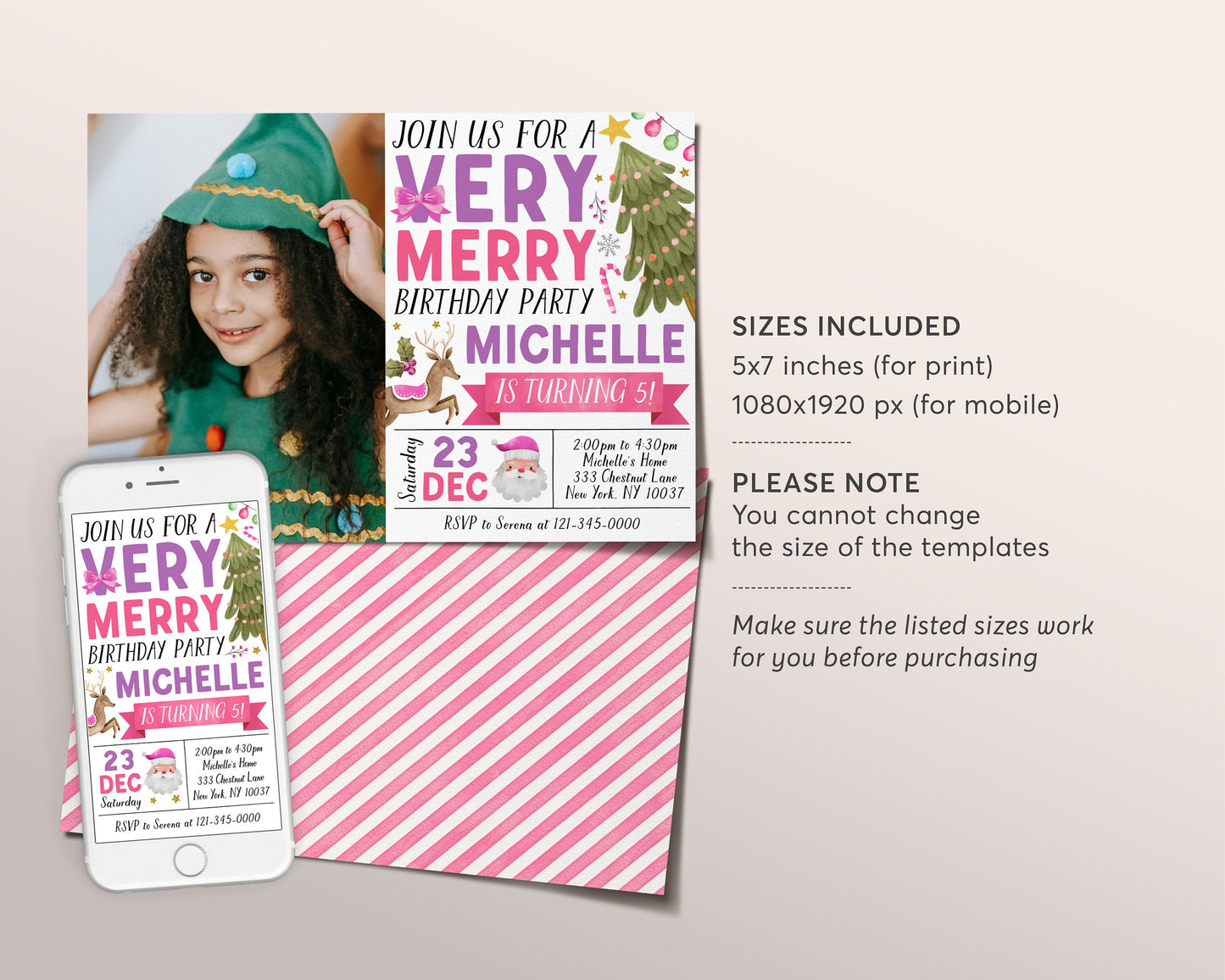 Christmas Very Merry Birthday Invitation With Photo Editable Template, Santa Holiday Winter Party Invite, Kids Girl Festive Holiday Evite