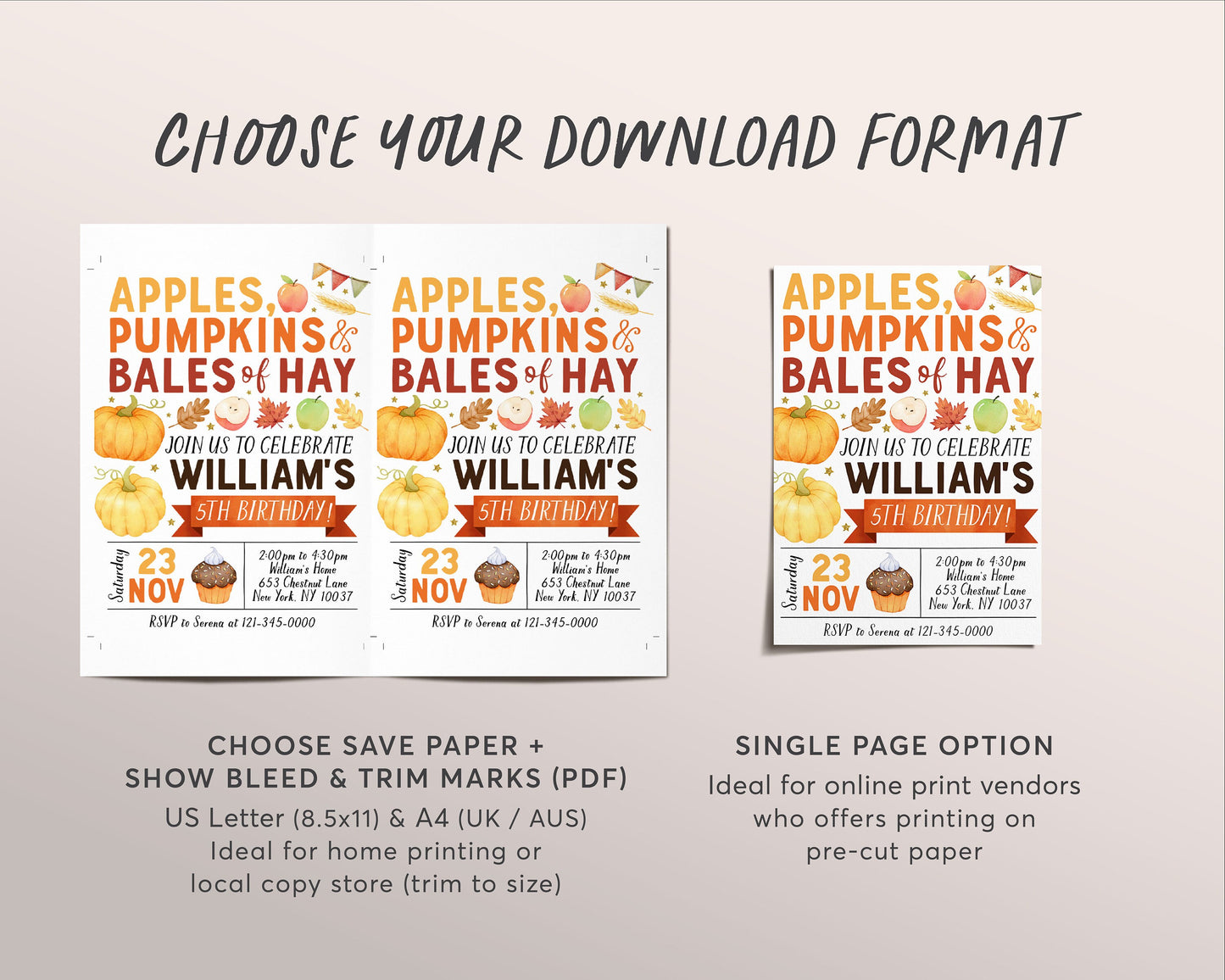 Apple and Pumpkins Birthday Invitation Editable Template, Kids Unisex Thanksgiving Bales Of Hay Party Invite, Pumpkin Patch Autumn Fall