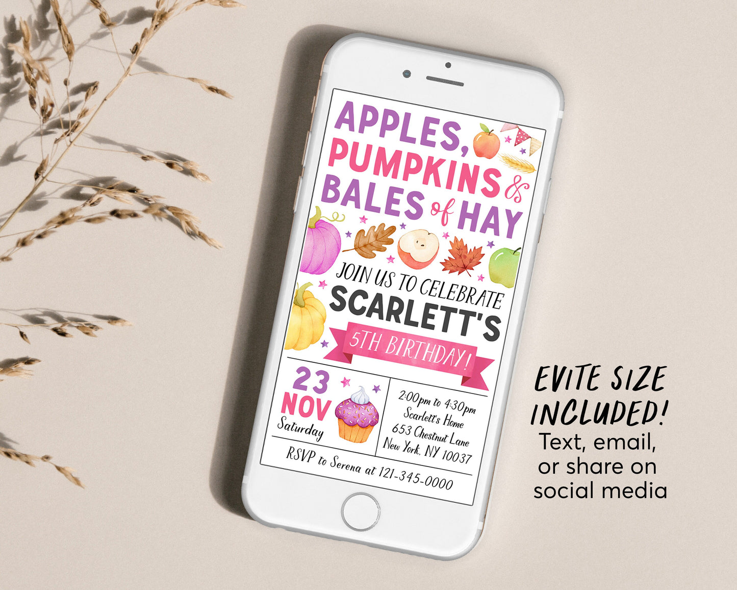 Apple and Pumpkins Birthday Invitation Editable Template, Kids Unisex Thanksgiving Bales Of Hay Party Invite, Pumpkin Patch Autumn Fall