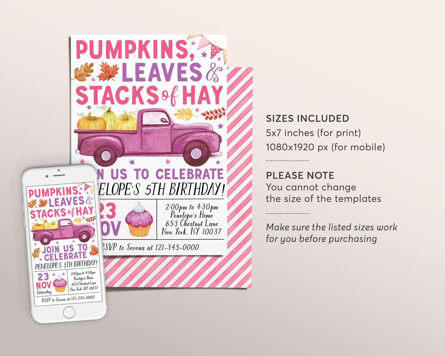 Pumpkin Truck Birthday Invitation Editable Template, Kids Girl Pumpkin Patch Autumn Party Invite, Pumpkins Leaves Stacks Of Hay Evite