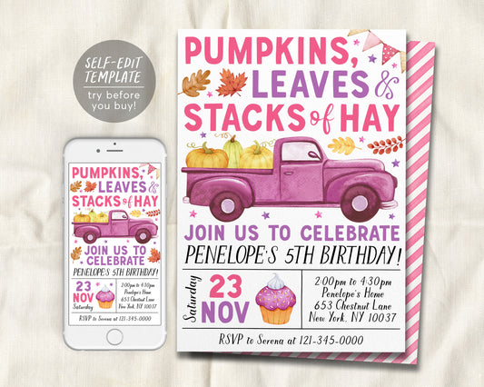 Pumpkin Truck Birthday Invitation Editable Template