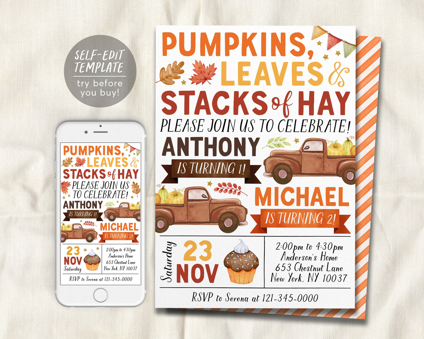 Pumpkin Truck Joint Siblings Birthday Invitation Editable Template