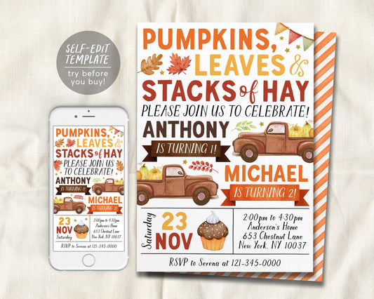 Pumpkin Truck Joint Siblings Birthday Invitation Editable Template