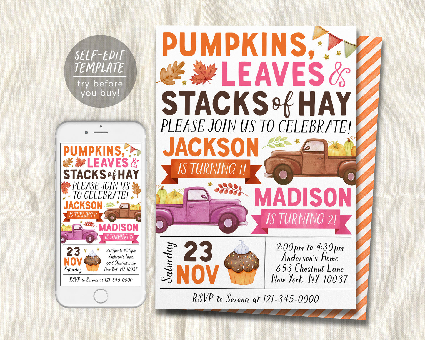 Pumpkin Truck Joint Siblings Birthday Invitation Editable