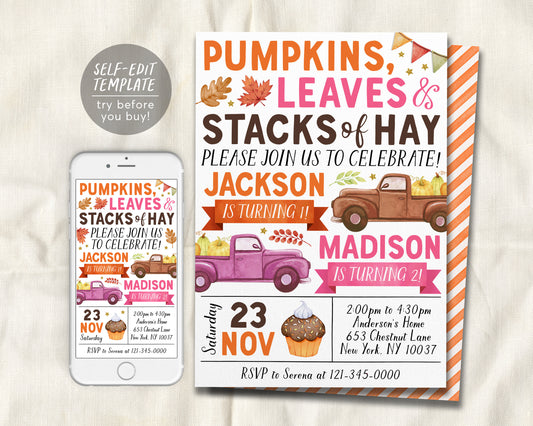 Pumpkin Truck Joint Siblings Birthday Invitation Editable