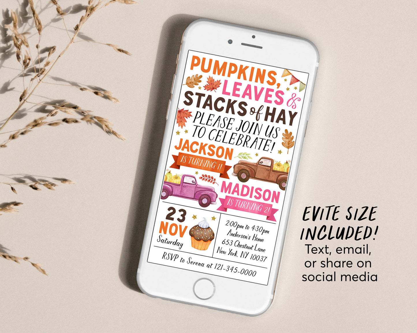 Pumpkin Truck Joint Siblings Birthday Invitation Editable Template, Kids Twins Girl Boy Autumn Party Invite, Pumpkins Leaves Stacks Of Hay