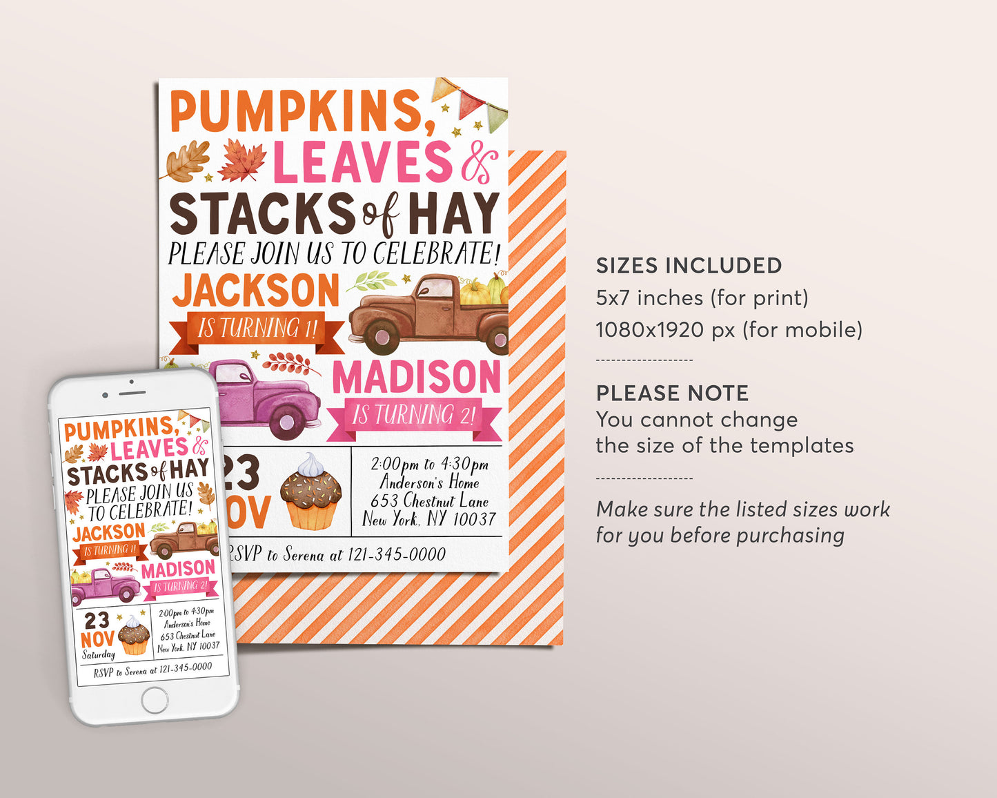 Pumpkin Truck Joint Siblings Birthday Invitation Editable Template, Kids Twins Girl Boy Autumn Party Invite, Pumpkins Leaves Stacks Of Hay