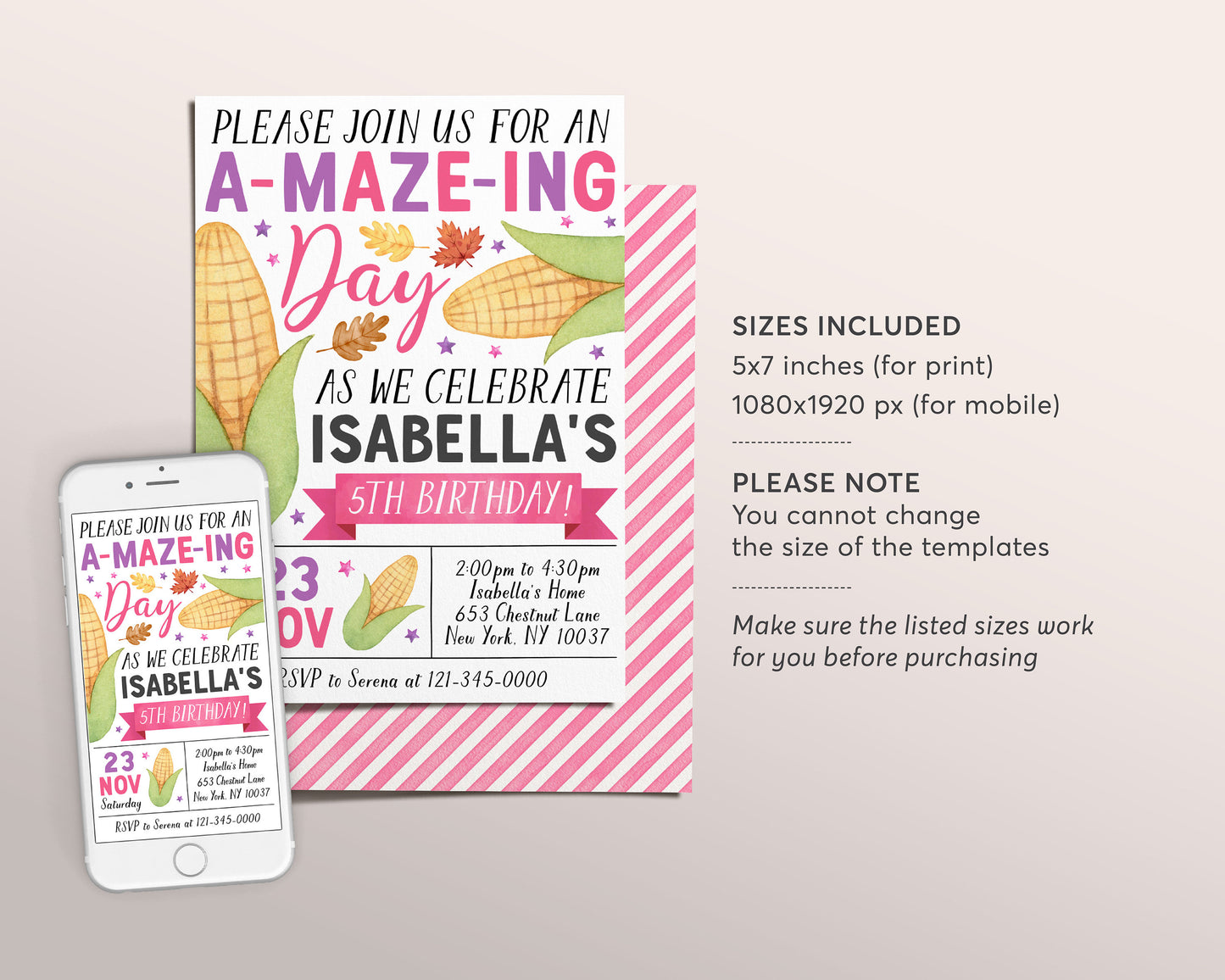 Corn Maze Birthday Invitation Editable Template, Kids Girl Corn Field Autumn Party Invite, Fall Festival Farm Party Evite Corn Pumpkin Patch