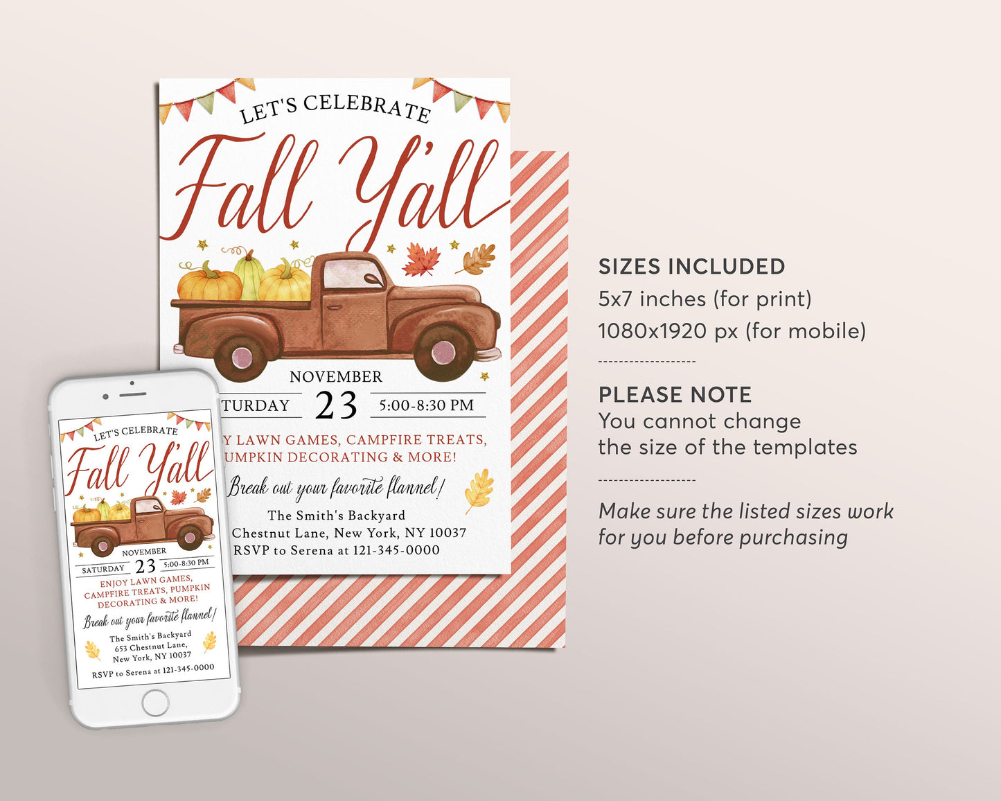 Fall Y'all Party Invitation Editable Template, Fall Festival Party Invite, Autumn Backyard Bonfire Fall Evite Neighborhood Fall Fest Church