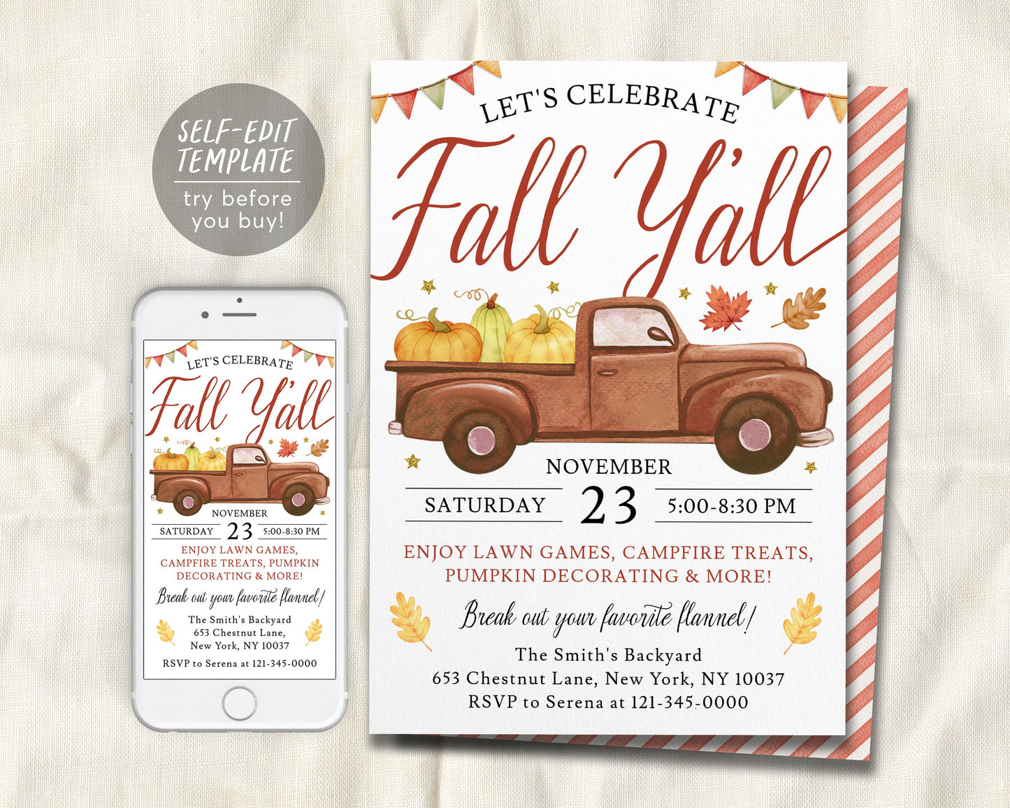 Fall Y&#39;all Party Invitation Editable Template