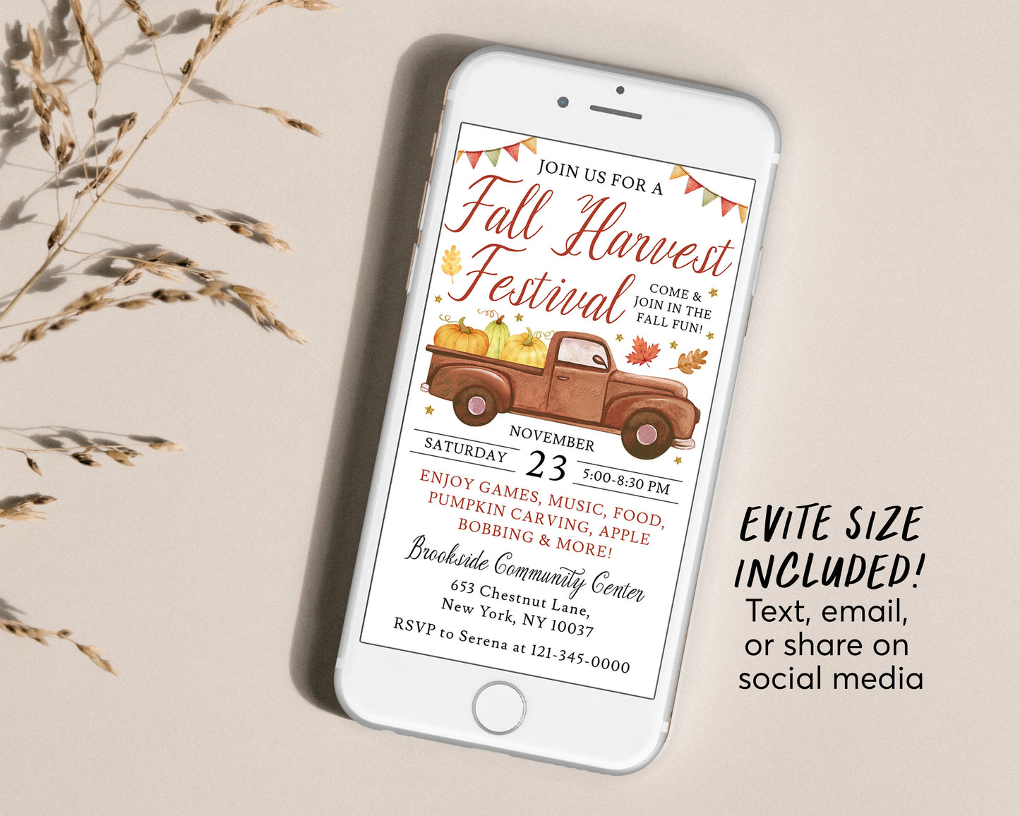 Fall Harvest Festival Invitation Editable Template, Fall Fest Community Party Invite, Autumn Pumpkin Truck Evite, Neighborhood Fall Church