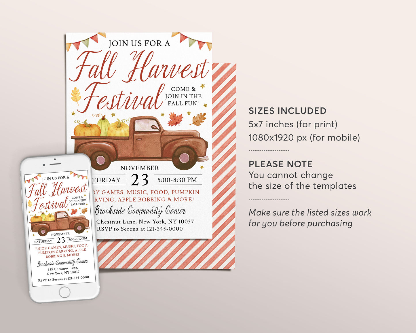 Fall Harvest Festival Invitation Editable Template, Fall Fest Community Party Invite, Autumn Pumpkin Truck Evite, Neighborhood Fall Church