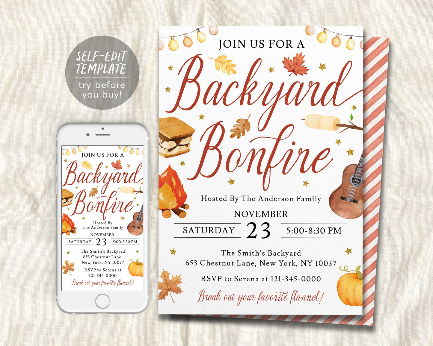 Backyard Bonfire Party Invitation Editable Template