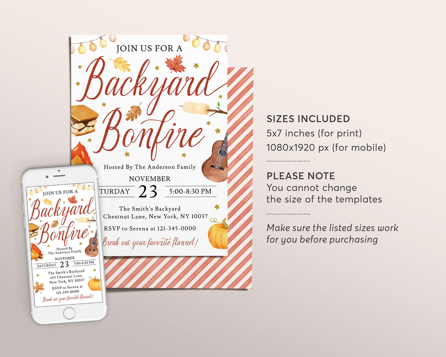 Backyard Bonfire Party Invitation Editable Template, Autumn Bonfire Smores Invite, Neighborhood Fall Fest, Fall Festival Party Evite