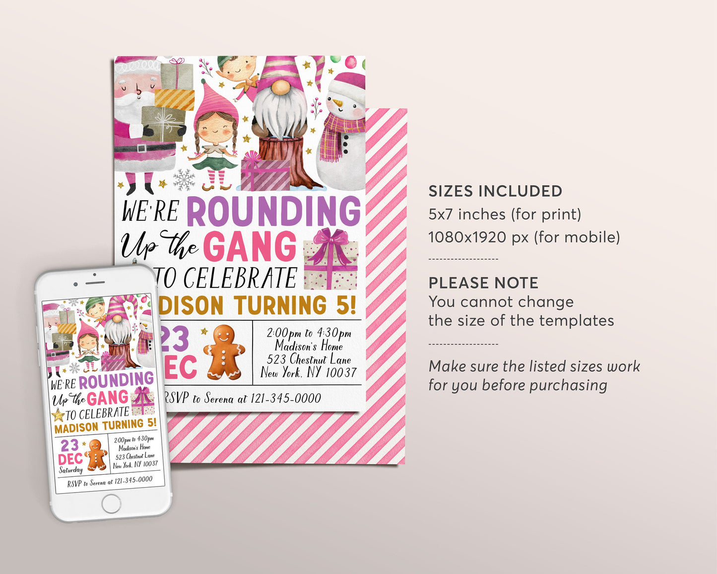 We're Rounding Up The Gang Birthday Invitation Editable Template, Santa's Crew Holiday Party Invite, Kids Girl Merry Christmas Winter Evite