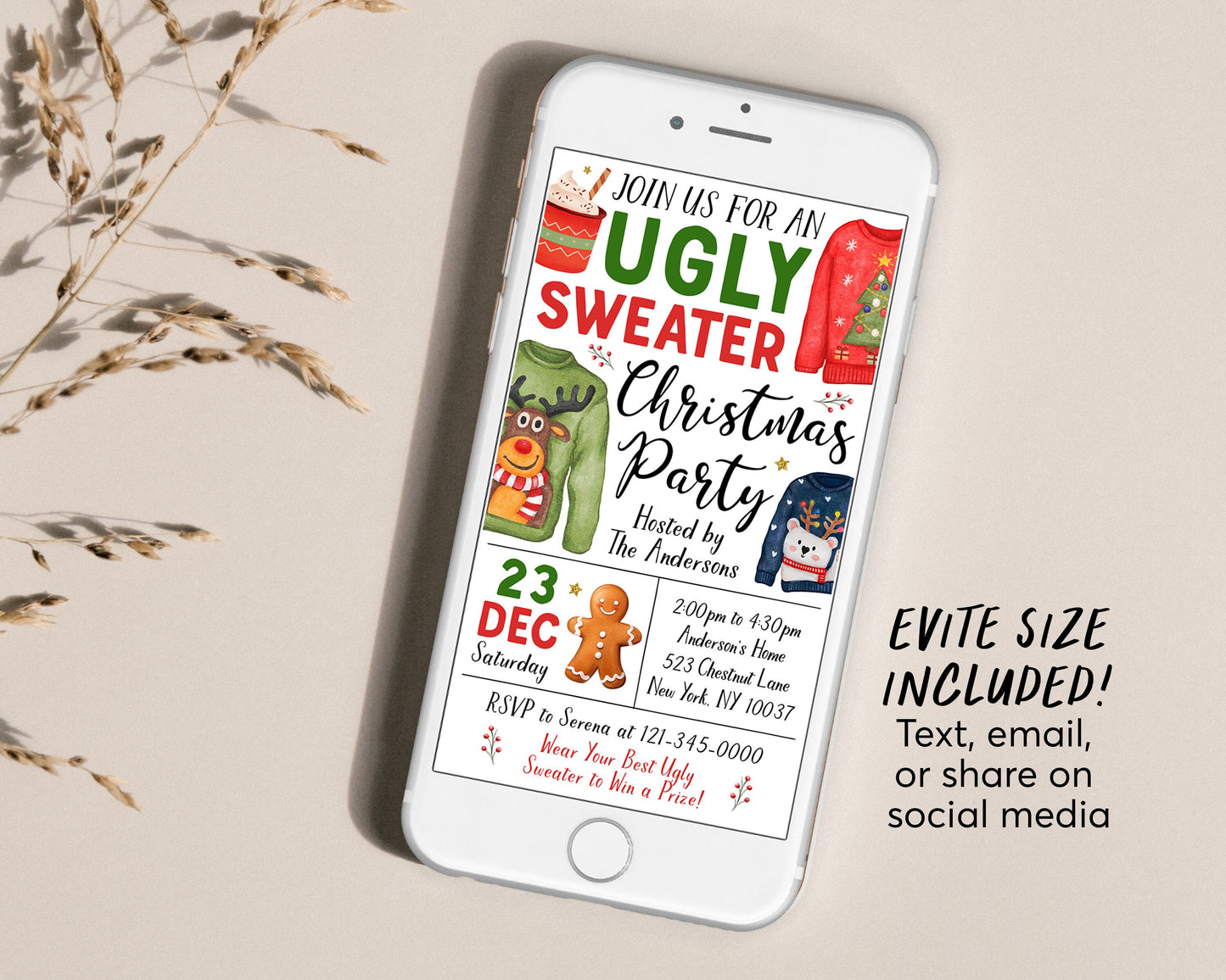 Ugly Sweater Christmas Party Invitation Editable Template, Holiday Party Invite For Adults And Kids Invite, Winter Celebration Festive Evite