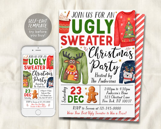 Ugly Sweater Christmas Party Invitation Editable Template