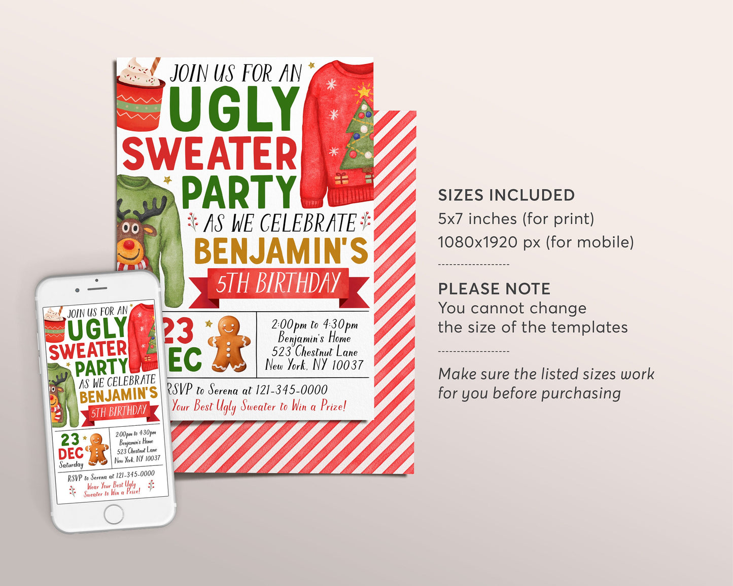 Ugly Sweater Birthday Party Invitation Editable Template, Kids Holiday Ugly Sweater Contest Invite, Winter Ugly And Bright Christmas Evite