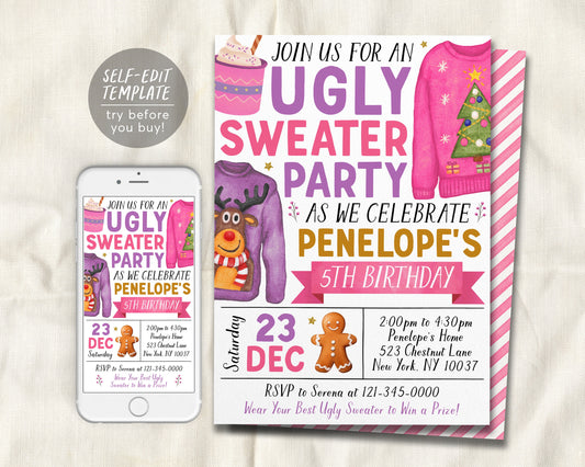 Ugly Sweater Birthday Party Invitation Editable Template