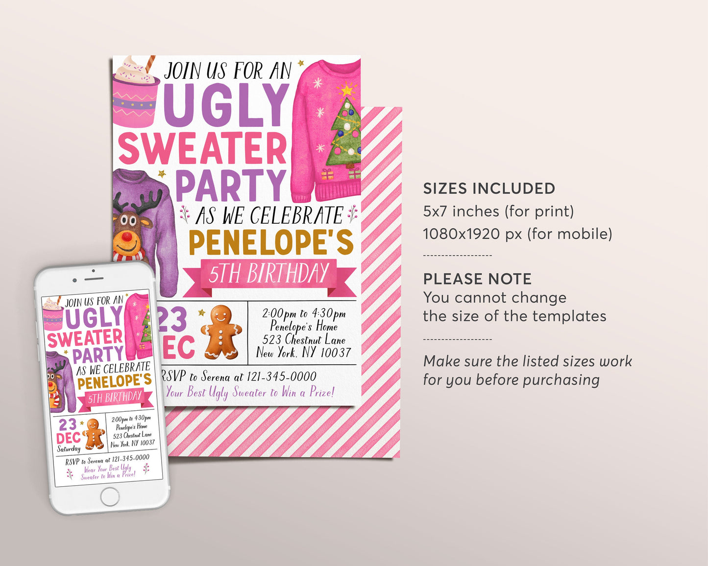 Ugly Sweater Birthday Party Invitation Editable Template, Kids Girl Holiday Ugly Sweater Contest Invite, Winter Ugly And Bright Christmas