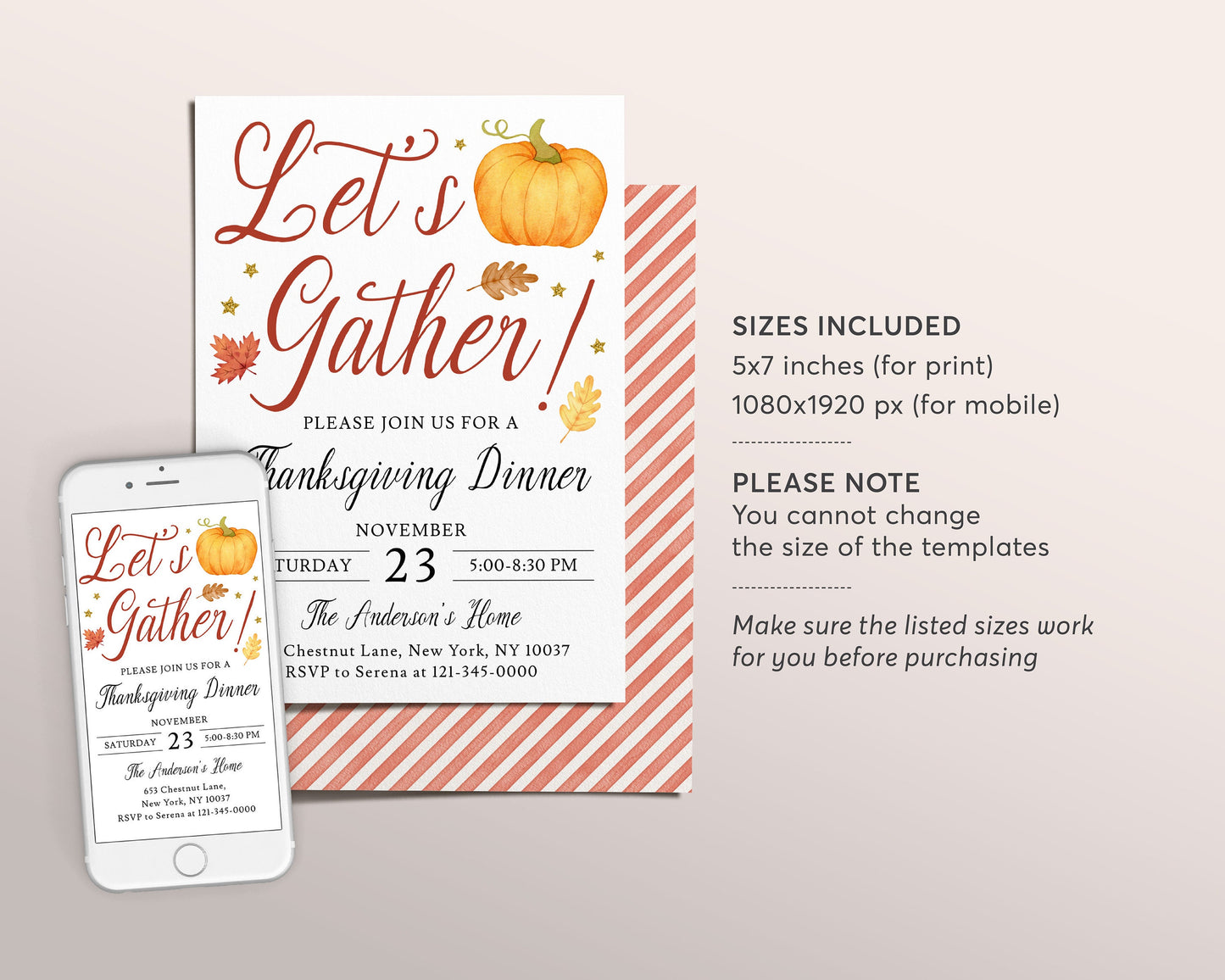 Thanksgiving Invitation Editable Template, Let's Gather Friendsgiving Fall Dinner Party Invite, Potluck Holiday Feast Invite Evite Casual