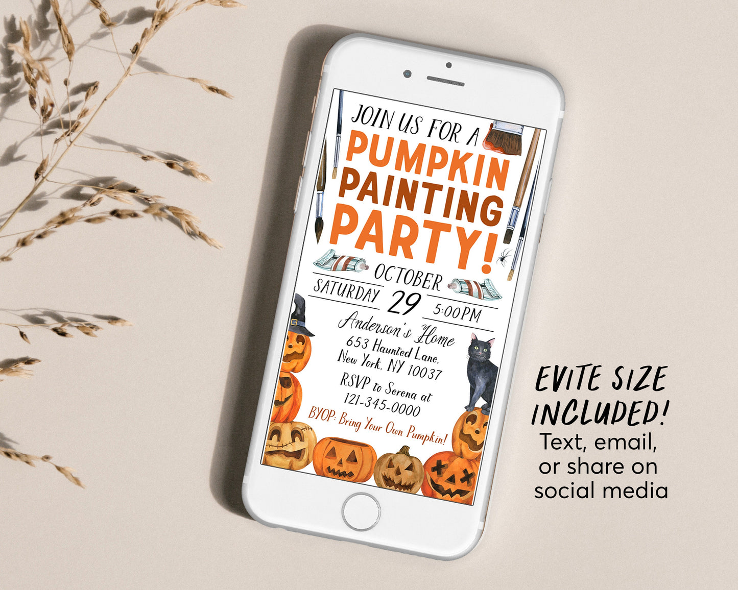 Halloween Pumpkin Painting Party Invitation Editable Template, Kids Halloween Pumpkin Art Party Night Invite, Halloween Celebration Evite