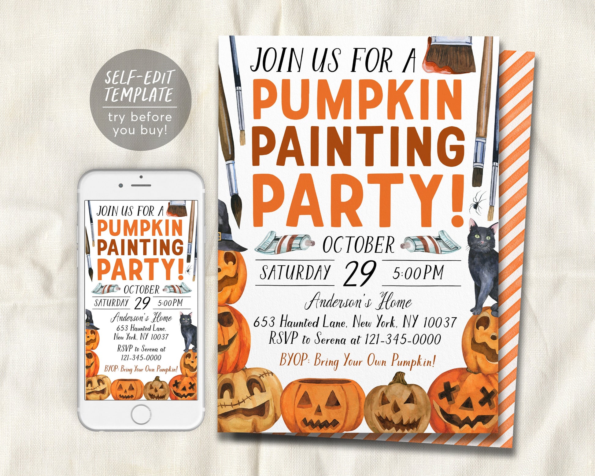 Halloween Pumpkin Painting Party Invitation Editable Template