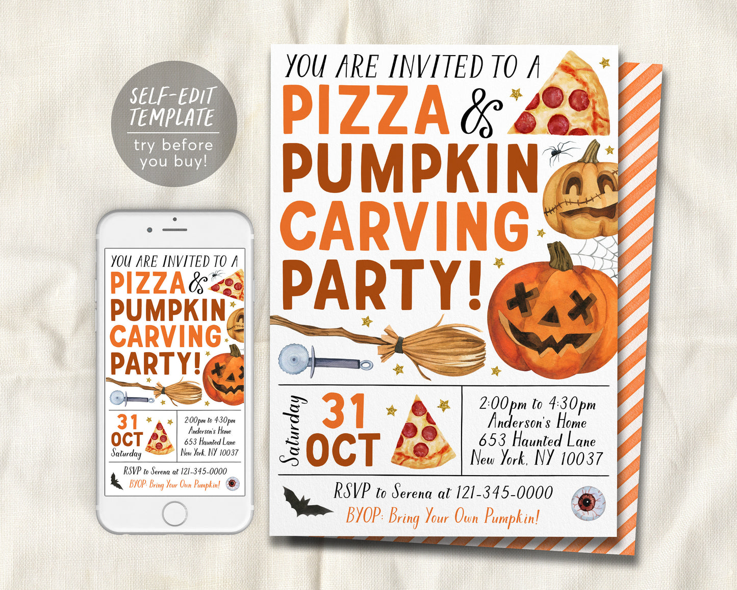 Pizza And Pumpkin Carving Party Invitation Editable Template