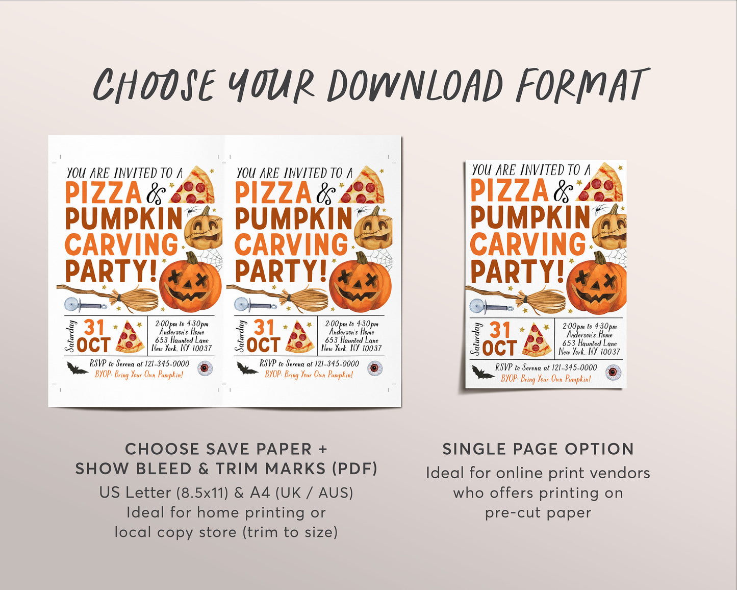 Pizza And Pumpkin Carving Party Invitation Editable Template, Kids Halloween Art Party Night Invite, Family Halloween Celebration Printable