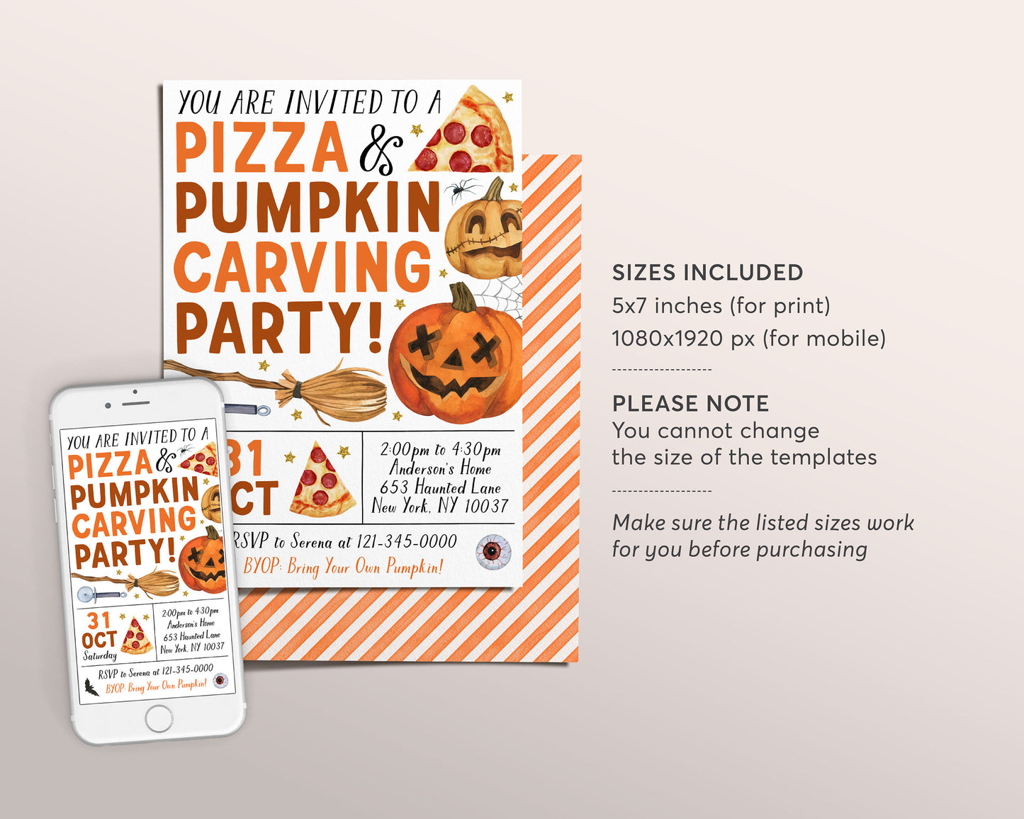 Pizza And Pumpkin Carving Party Invitation Editable Template, Kids Halloween Art Party Night Invite, Family Halloween Celebration Printable