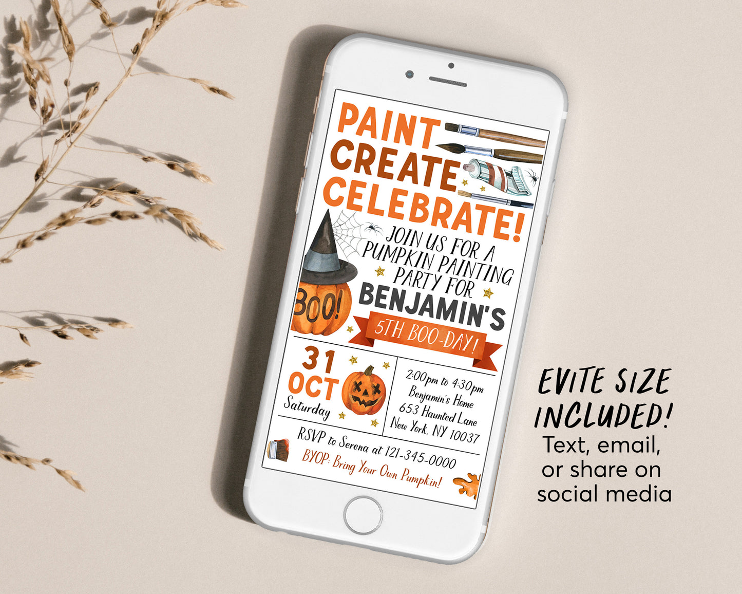 Pumpkin Painting Party Birthday Invitation Editable Template, Kids Halloween Pumpkin Art Party Night Invite, Fall Halloween Celebration