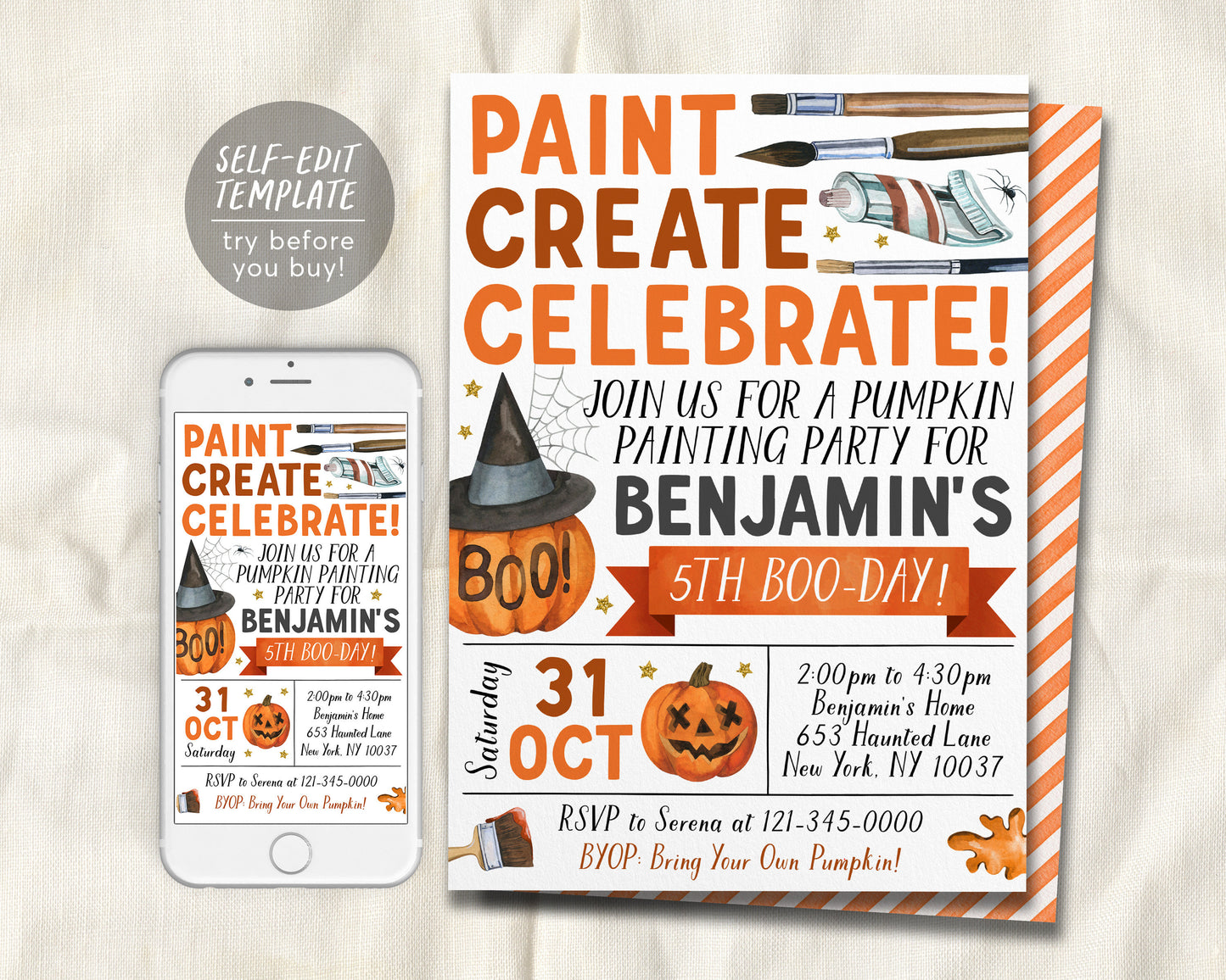 Pumpkin Painting Party Birthday Invitation Editable Template