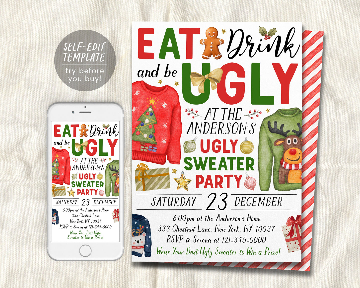 Ugly Sweater Christmas Party Invitation Editable Template