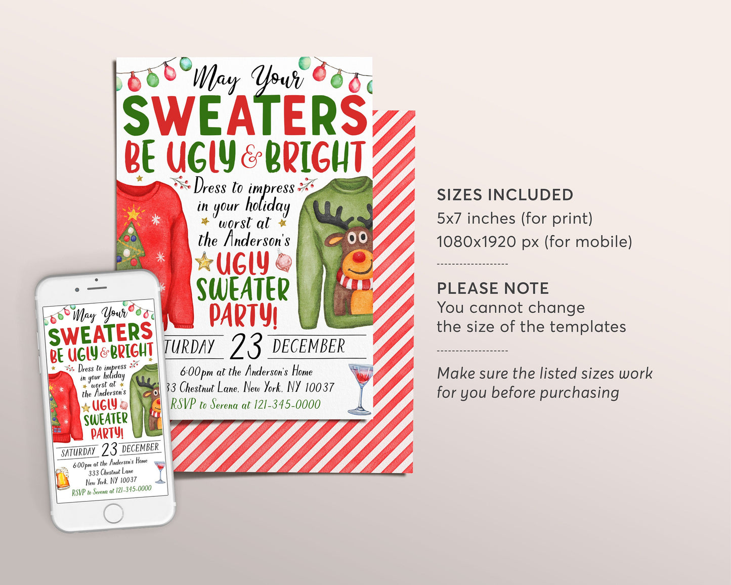 Ugly Sweater Christmas Party Invitation Editable Template, May Your Sweater Be Ugly And Bright Holiday Party Invite, Sweater Party Evite