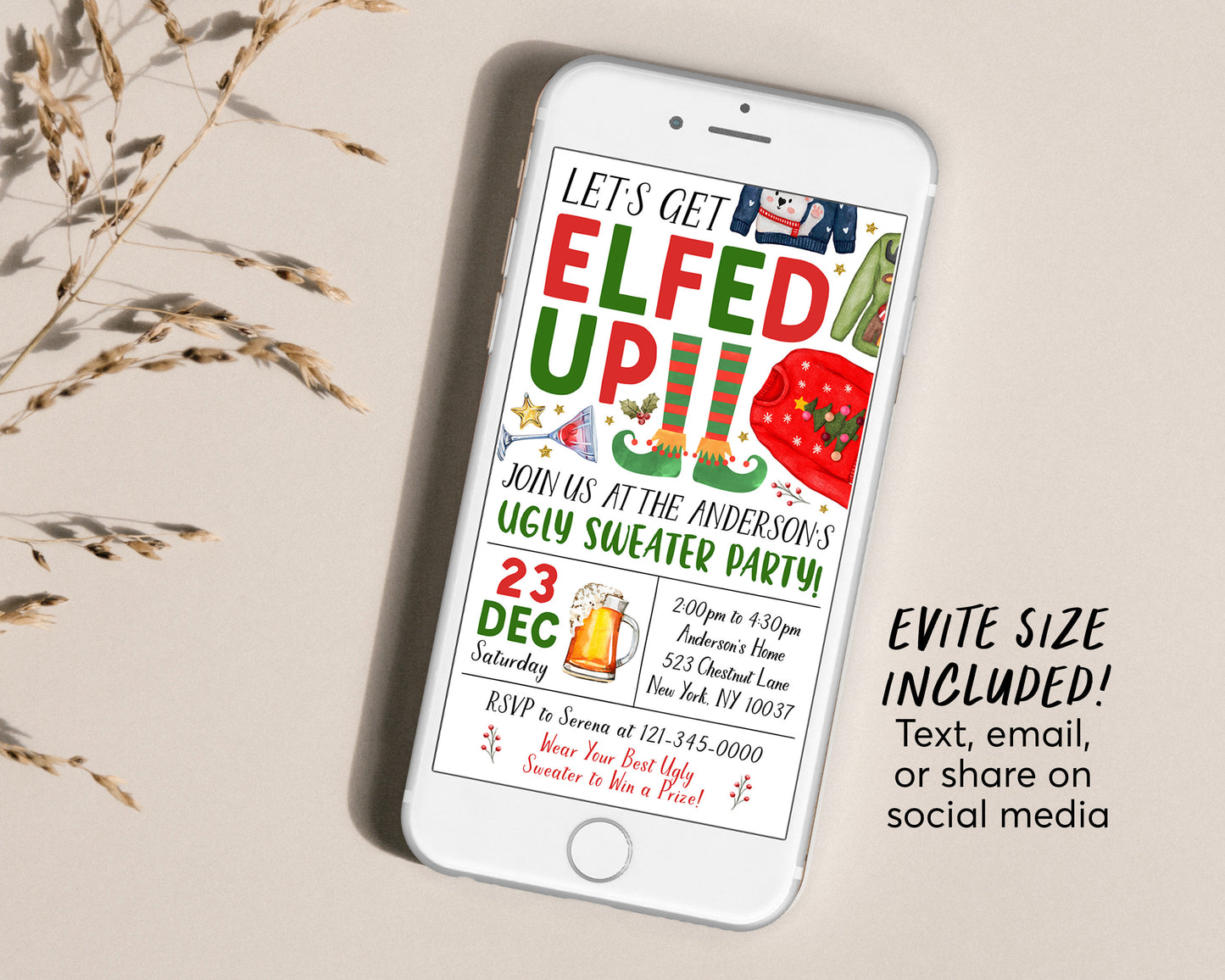 Ugly Sweater Let's Get Elfed Up Christmas Party Invitation Editable Template, Holiday Party Invite For Adults, Ugly Sweater Drinks Evite