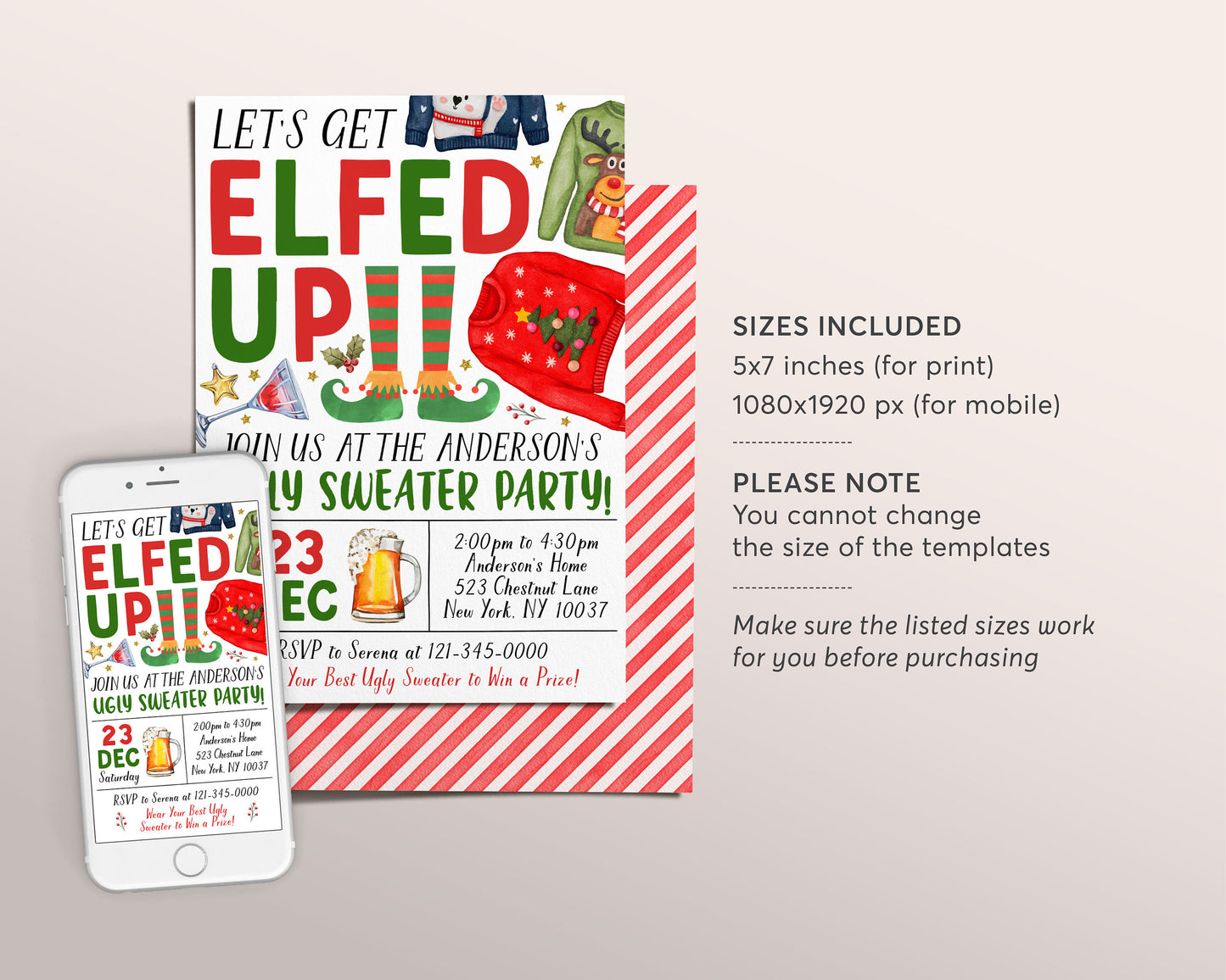 Ugly Sweater Let's Get Elfed Up Christmas Party Invitation Editable Template, Holiday Party Invite For Adults, Ugly Sweater Drinks Evite