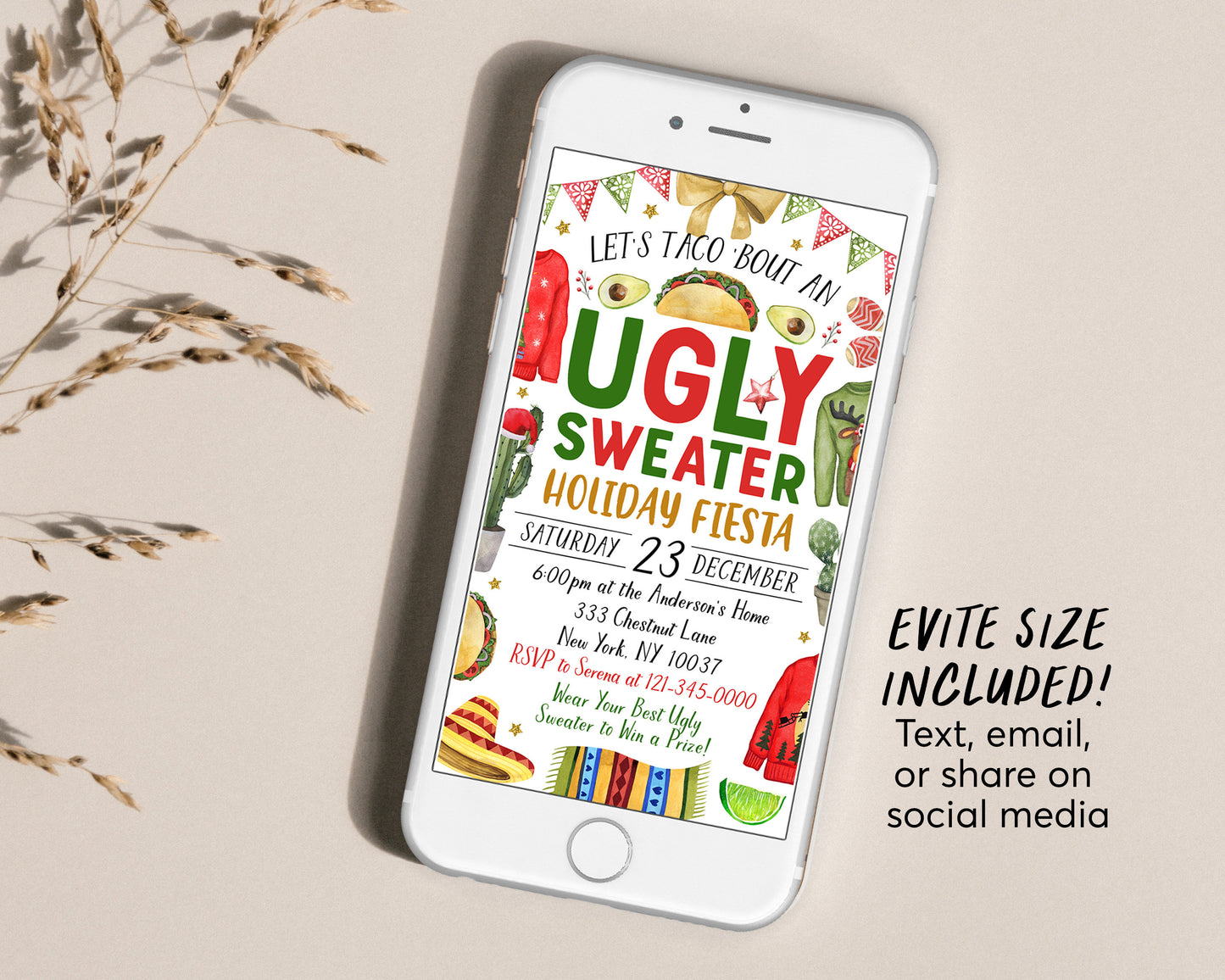 Ugly Sweater Fiesta Christmas Invitation Editable Template, Taco 'Bout An Xmas Party Invite For Adults, Feliz Navidad Holiday Fiesta Evite