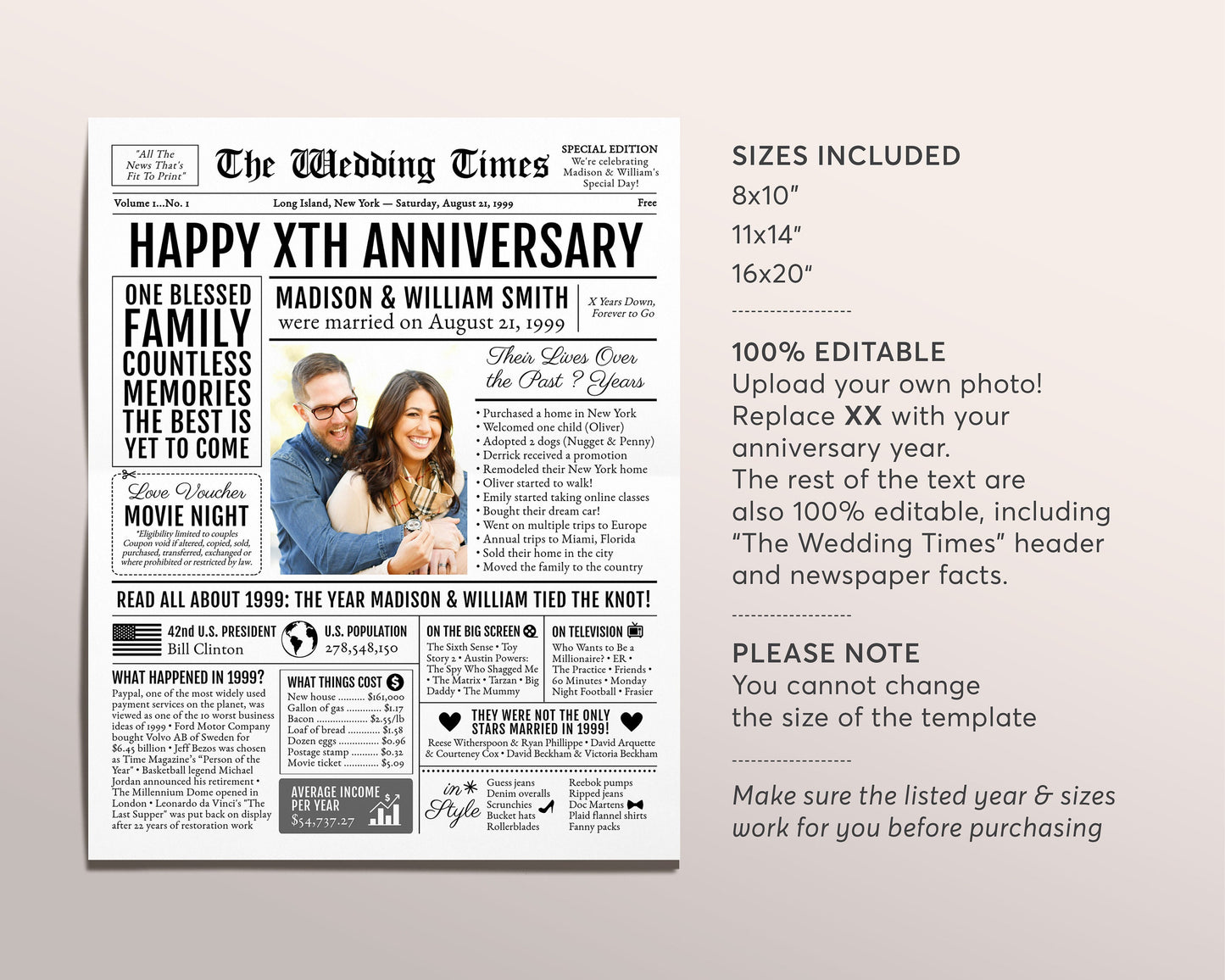 Back in 1999 25th 26th 27th Anniversary Gift Newspaper Editable Template, Personalized 25 26 27 Year Wedding For Parents Husband Or Wife