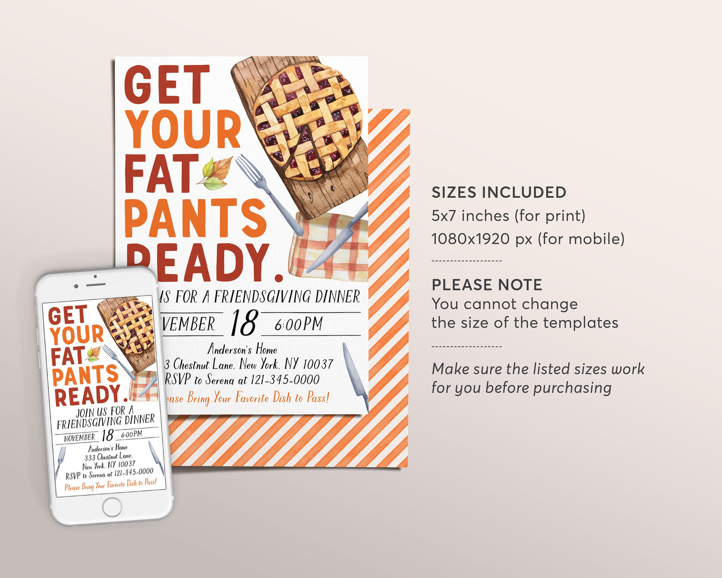 Friendsgiving Dinner Invitation Editable Template, Get Your Fat Pants Ready Invite, Funny Thanksgiving Dinner Evite, Fall Autumn Potluck